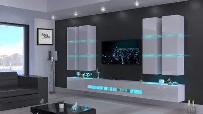 Produktbild von Furnitech Wohnwand Wohnzimmer - Wohnzimmer Möbel mit LED RGB - Hängend Wohnwand Modern mit Regalemit Regale und TV Schrank (Jurat AN51-18HG-W2)
