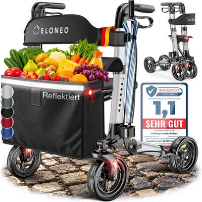 Produktbild von ELONEO Rollator faltbar und leicht mit Sitz, Leichtgewicht-Reiserollator aus Aluminium, Gehhilfe 8-fach höhenverstellbar, Laufhilfe 3-fach faltbar