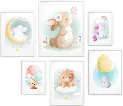 Produktbild von Poster für Kinder Pastelltiere Bilder fürs Kinderzimmer 6 Stück 100x100