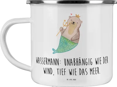 Produktbild von Mr. & Mrs. Panda Haferl Wassermann Astrologie - Weiß - Geschenk, Emaille Tasse, becher, Teetasse, Sternzeichen, Campingbecher, Pott, Geburtstagsgeschenk