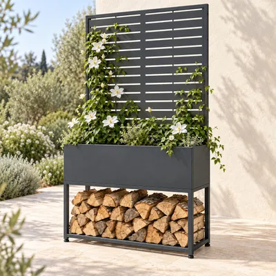 Produktbild von HAGO24 Feuerholzregal Anthrazit (RAL 7016) verzinkter Stahl Brennholzregal Kaminholzregal Holzständer Pflanzkasten Rankgitter 4 verstellbare Bodenschoner