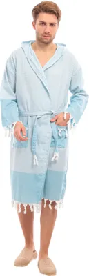 Produktbild von Bademantel Damen & Herren Uni – Weich & Leicht Langform, 100% Baumwolle, mit Kapuze, & Gürtel, Hamamtuch-Stil mit Taschen – Ideal für Sauna_Türkis