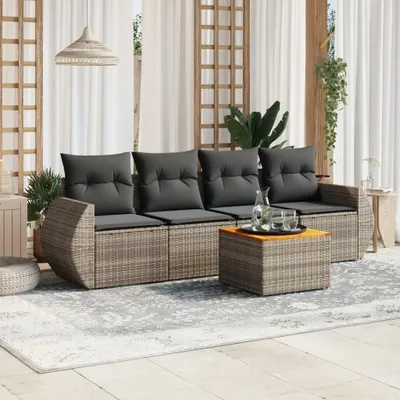 Produktbild von Design 5-tlg. Garten-Sofagarnitur mit Kissen Grau Poly Rattan, Gartenmöbel-Sets 2024 Neu