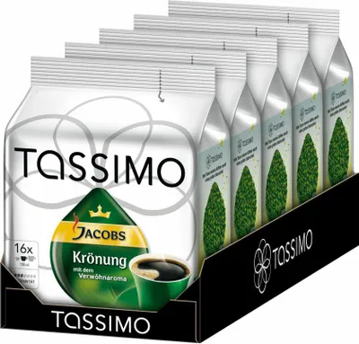 A display box containing multiple packs of Tassimo Jacobs Krönung coffee pods.