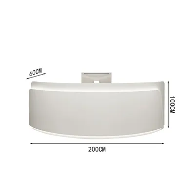 A white reception desk with dimensions indicated.