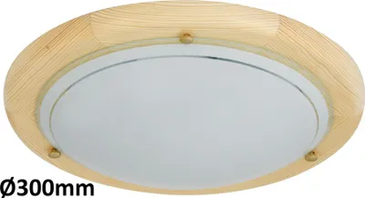 A round ceiling light with a wooden frame and a frosted glass diffuser.