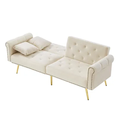 Produktbild von Modernes 2-Sitzer-Schlafsofa – Samtbezug, Rückenlehne mit 3-stufiger Verstellung & vergoldete Metallfüße Stilvolles Sofa mit Schlaffunktion