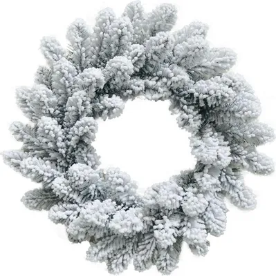 A frosted Christmas wreath on a white background.