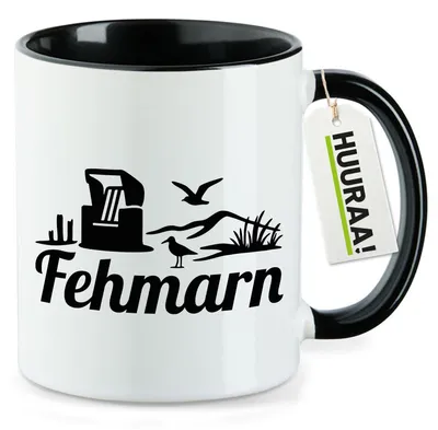Produktbild von Huuraa Kaffeetasse Fehmarn Strandmotiv 330ml Schwarz Keramik Kaffeebecher Geschenkidee