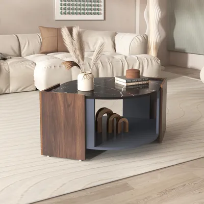 Image de OKWISH Table Basse Moderne - Avec Plateau En Marbre Noir et Rangement Spacieux, Design Élégant En Noyer, 96,5×63×40 cm - Noir