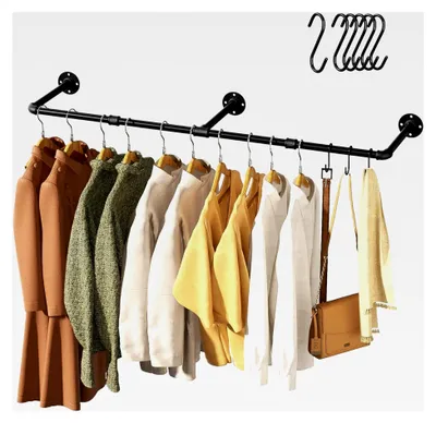 Produktbild von Vintage-Kleiderständer, 140 cm industrieller Rohr-Kleiderständer zur Wandmontage, platzsparender und robuster Kleiderbügel mit 6 S-Haken