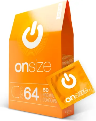 Obrázok produktu pre ON) Kondómy ONsize I šírka 64 mm I 50 kusov I tenká hrúbka steny 0,07 mm I prémiová jemnosť I vegánske I pre mužov