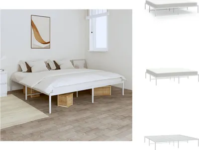 A white metal bed frame with a mattress and bedding in a bedroom setting.