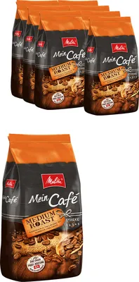 Several bags of Melitta Mein Café Medium Roast coffee beans are displayed.