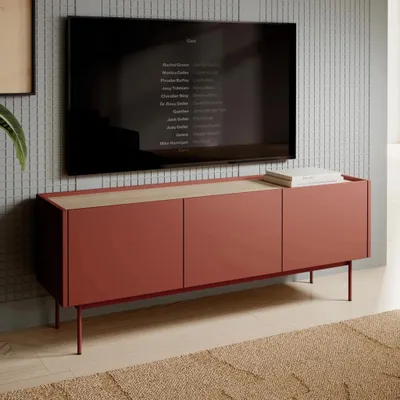 Produktbild von TV-Schrank Lumo 144 cm in Ceramic Rot mit Metallbeinen – modernes, minimalistisches Lowboard fürs Wohnzimmer
