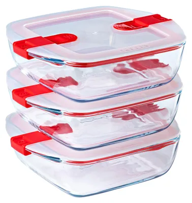 Immagine prodotto di Set of 3 lunch boxes - PYREX - Cook & Heat - Glass - Square - Lid with steam valves. special microwave - 1 L