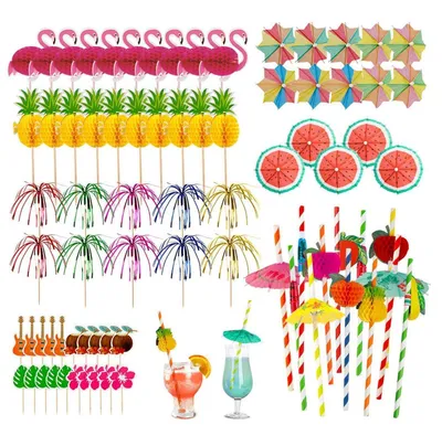 Image de Kit de décoration pour cocktails, comprenant 90 pièces avec des parasols, des bâtons étincelants, des pailles et des brochettes, idéal pour les fêtes d'été