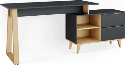 A modern desk with storage.