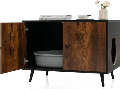 Produktbild von COSTWAY Box na kočičí stelivo, domeček pro kočky s dvojitými dveřmi a vchodem, skříňka na kočičí stelivo, nábytek pro kočky, pro kočky, psy a domácí zvířata, hnědá + černá barva