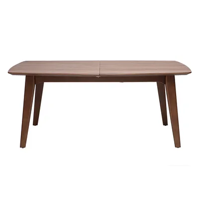 A wooden dining table on a white background.