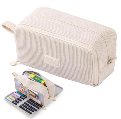Image de Étui à crayons en corde avec 3 compartiments, grande capacité, pour l'école et le bureau (beige)