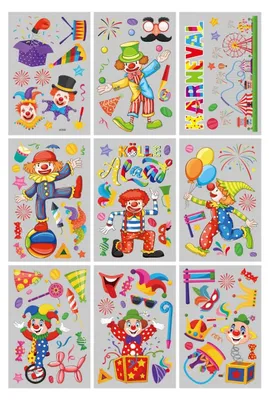 9 Clown-Fensteraufkleber, Karneval, 30x20 cm, PVC, selbstklebend