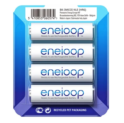 A retail package of four eneloop rechargeable AA batteries.