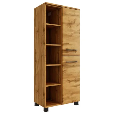 Produktbild von Badezimmerschrank mit Regal MORISSON-03 in Wotan Eiche Nb., hängend und stehend einsetzbar, B/H/T: ca. 55/130/35 cm