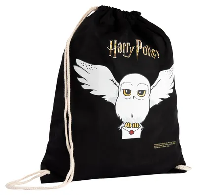 Produktbild von Harry Potter Turnbeutel - Hedwig Eule Stoffrucksack Stoffbeutel mit Kordelzug Schwarz
