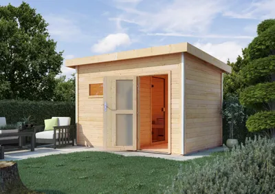 Image de Sauna de jardin Karibu Saunahaus Skrollan 2 natur 38mm Poêle 9kWMilch