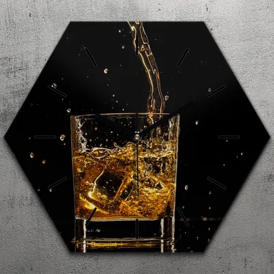 Produktbild von Uhr hexagonal 40 cm Glas Geräuschlos schwarze Zeiger - Whisky Glas