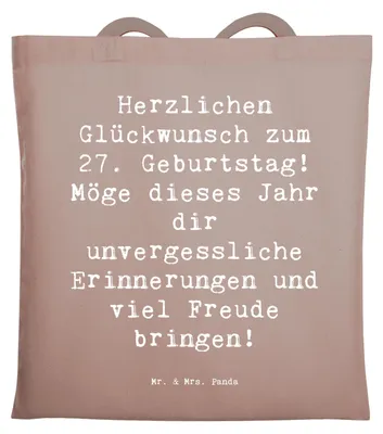 Produktbild von Mr. & Mrs. Panda Schultasche Spruch 27. Geburtstag - Braun Pastell - Geschenk, Happy Birthday, Tasche, Geburtstagsgeschenk, viel Freude, Shopping, Laptoptasche, Tote Bag