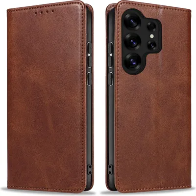 A brown leather flip cover phone case is shown from two angles.