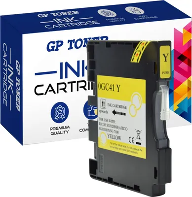 A yellow ink cartridge is shown next to its packaging box.