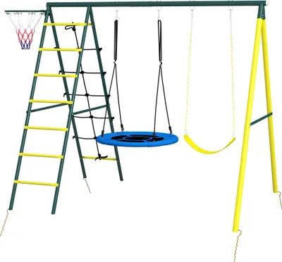 Produktbild von Kinderschaukel-Gerüst mit 2 Schaukeln, Basketballkorb, Kletterleiter, 267x180x202 cm, Gelb