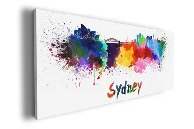 Produktbild von Wallario Premium Leinwandbild Städte als Aquarell - Skyline von Sydney in Größe 60 x 150 cm