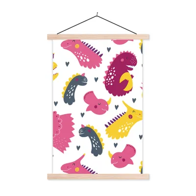Produktbild von MuchoWow® Textilposter Dino - Muster - Kind - Rosa - Mädchen 40x60 cm mit holzfarbenen Rahmen - Poster