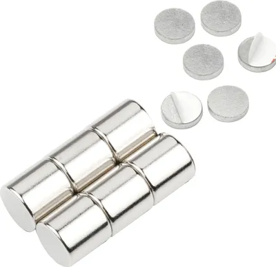 Produktbild von vasalat Scheibenmagnet rund, Magnet mit Metallscheibe selbstklebend, Rundmagnet ø 8mm, Neodym vernickelt 12-teilig