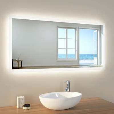 Immagine prodotto di EMKE Specchio da bagno con illuminazione Specchio 120x60cm Specchio da parete 2 colori di luce Bianco freddo e bianco caldo Specchio luminoso con interruttore a pulsante e funzione antiappannamento