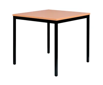 A square table with a light brown top and black metal legs, isolated on a white background.
