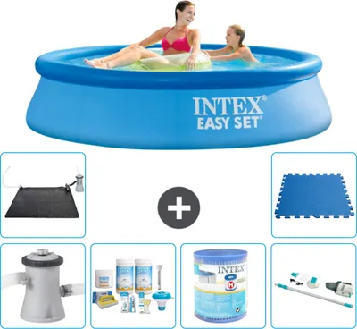 Produktbild von Intex runder aufblasbarer Easy Set-Schwimmpool – 244 x 61 cm – Blau – inklusive Pumpe Wartungspaket - Filter - Staubsauger - Solarmatte - Bodenfliesen