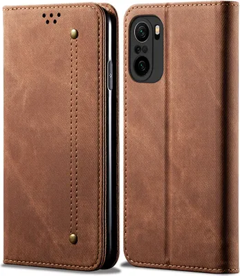 A brown leather flip case for a Xiaomi Poco F3 phone is shown from the front and side.