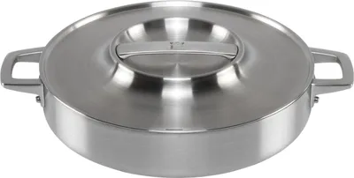 A studio shot of a stainless steel pot with a lid.