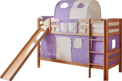 Produktbild von Etagenbett mit Rutsche Doppelbett Buche massiv Natur, Vorhangstoff:Lila Beige