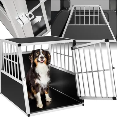 Produktbild von Hundebox für Auto oder Zuhause aus Aluminium. Leichte und stabile Hundetransportbox mit schräger Rückwand, geeignet für den Kofferraum, Maße 66x90x69,5cm