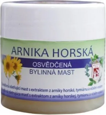 A jar of Arnika Horská ointment with illustrations of sunflowers and herbs.