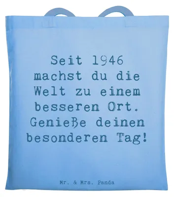 Produktbild von Mr. & Mrs. Panda Schultasche Spruch 1946 Geburtstag - Sky Blue - Geschenk, Geschenke für, besonderer Tag, Geburtstagsgeschenk, Shopping Tasche, dokumententasche, Tote Bag