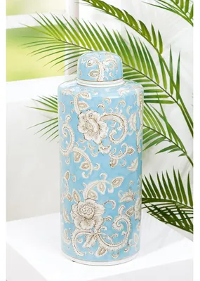 Produktbild von Gilde Deckelvase, zylindrisch, Fayencen, Blumenmuster, Keramik, blau, VE 1, D. 18 cm Höhe: 44.00 cm Durchmesser: 18.00 cm 34860