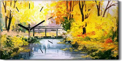 Produktbild von Wandbild Leinwand Bilder Wanduhr 60x30 Malerei Landschaft bunte Herbst Wald - schwarze Hände