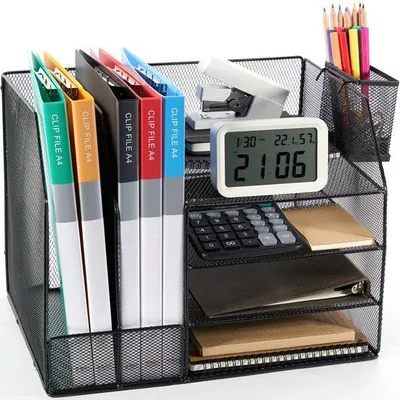 Immagine prodotto di Organizer da ufficio a 4 ripiani, impilabile, ganci per riviste, armadietto da ufficio, ideale per riporre i fascicoli sulla scrivania